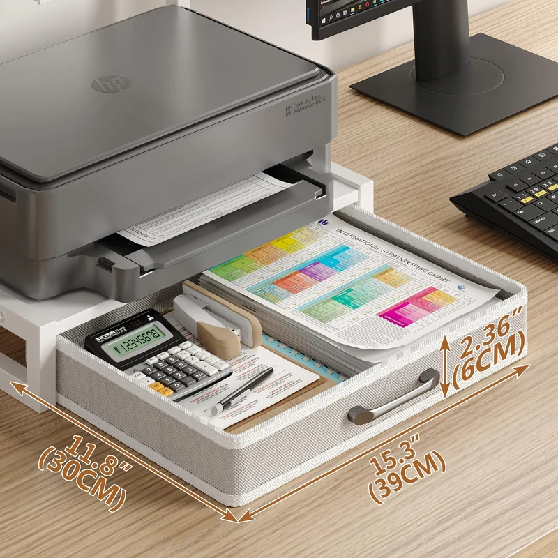 MIN WIN Druckerständer 2-Tier mit Schublade, Metall-Druckertisch, Mehrzweck Schreibtisch Aufbewahrung Büroartikel Organizer für Drucker, Faxgerät, Scanner (Weiß, 44x30.5x40cm(LxBxH))