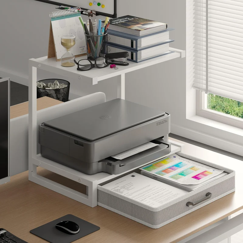 MIN WIN Druckerständer 2-Tier mit Schublade, Metall-Druckertisch, Mehrzweck Schreibtisch Aufbewahrung Büroartikel Organizer für Drucker, Faxgerät, Scanner (Weiß, 44x30.5x40cm(LxBxH))
