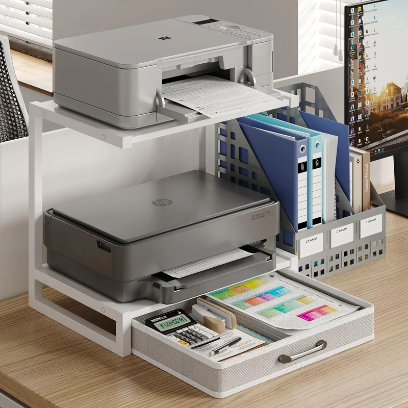 MIN WIN Druckerständer 2-Tier mit Schublade, Metall-Druckertisch, Mehrzweck Schreibtisch Aufbewahrung Büroartikel Organizer für Drucker, Faxgerät, Scanner (Weiß, 44x30.5x40cm(LxBxH))