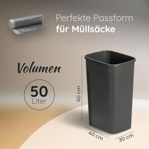 Novaliv 2er Set Mülleimer 50L ohne Deckel Anthrazit, Offener Papierkorb Abfalleimer für Küche Gewerbe Werkstatt Lager, Müll Eimer Bin Abfallbehälter Kunststoff Mülltonne Eckig Made in Germany