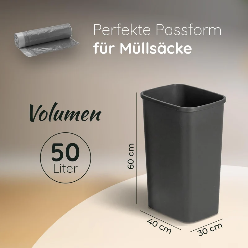Novaliv 2er Set Mülleimer 50L ohne Deckel Anthrazit, Offener Papierkorb Abfalleimer für Küche Gewerbe Werkstatt Lager, Müll Eimer Bin Abfallbehälter Kunststoff Mülltonne Eckig Made in Germany