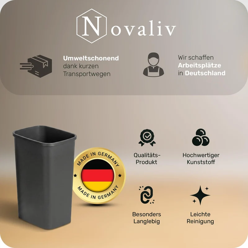 Novaliv 2er Set Mülleimer 50L ohne Deckel Anthrazit, Offener Papierkorb Abfalleimer für Küche Gewerbe Werkstatt Lager, Müll Eimer Bin Abfallbehälter Kunststoff Mülltonne Eckig Made in Germany