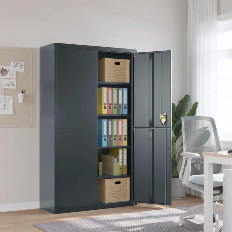 Aktenschrank Anthrazit aus pulverbeschichtetem Stahl 105x40x180 cm mit 4 Fachböden abschließbar Stauraum für Büro und Homeoffice sichere Aufbewahrung von Dokumenten und Ordnern