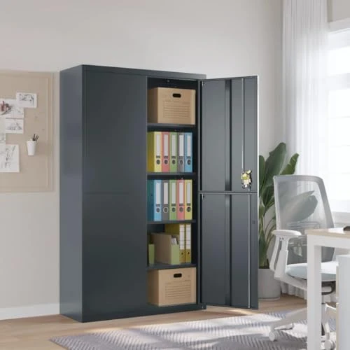 Aktenschrank Anthrazit aus pulverbeschichtetem Stahl 105x40x180 cm mit 4 Fachböden abschließbar Stauraum für Büro und Homeoffice sichere Aufbewahrung von Dokumenten und Ordnern