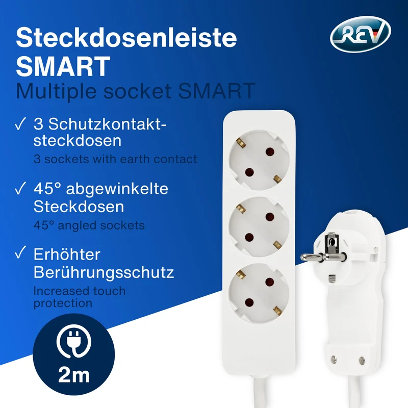 REV Steckdosenleiste - 3-Fach, mit Flachstecker, 2m Kabel, weiß