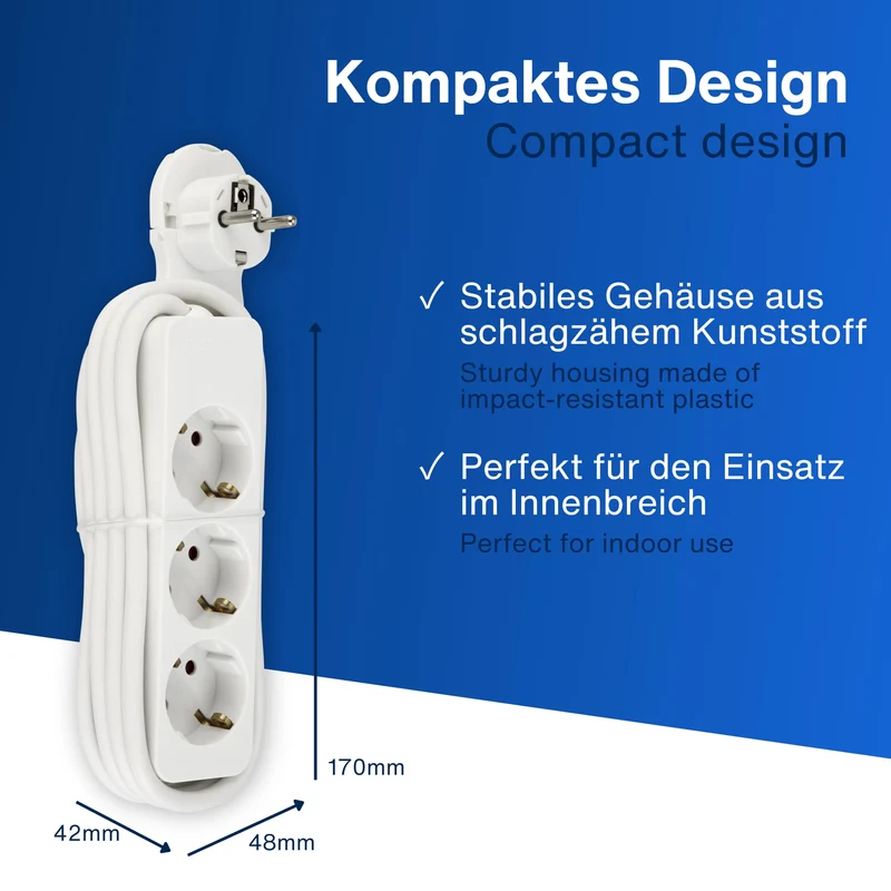 REV Steckdosenleiste - 3-Fach, mit Flachstecker, 2m Kabel, weiß