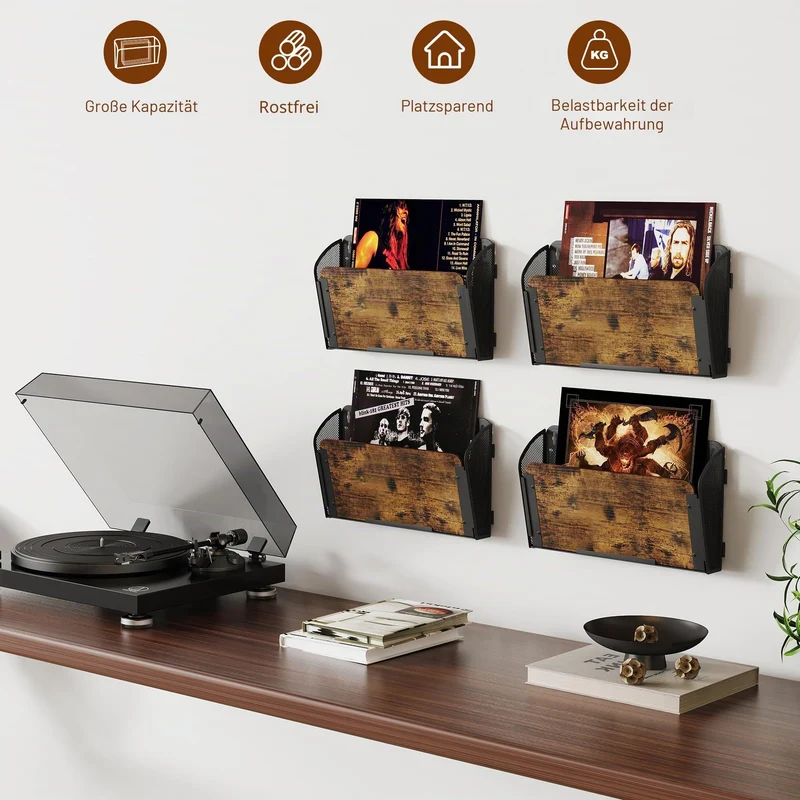 TQVAI 4 Taschen Zeitschriftenhalter Wand Metall Holz Dokumenten Organizer Papier A4 Flyerhalter Postsortierer Dokumentenablage für Büro Zuhause Schule, Schwarz/Antik