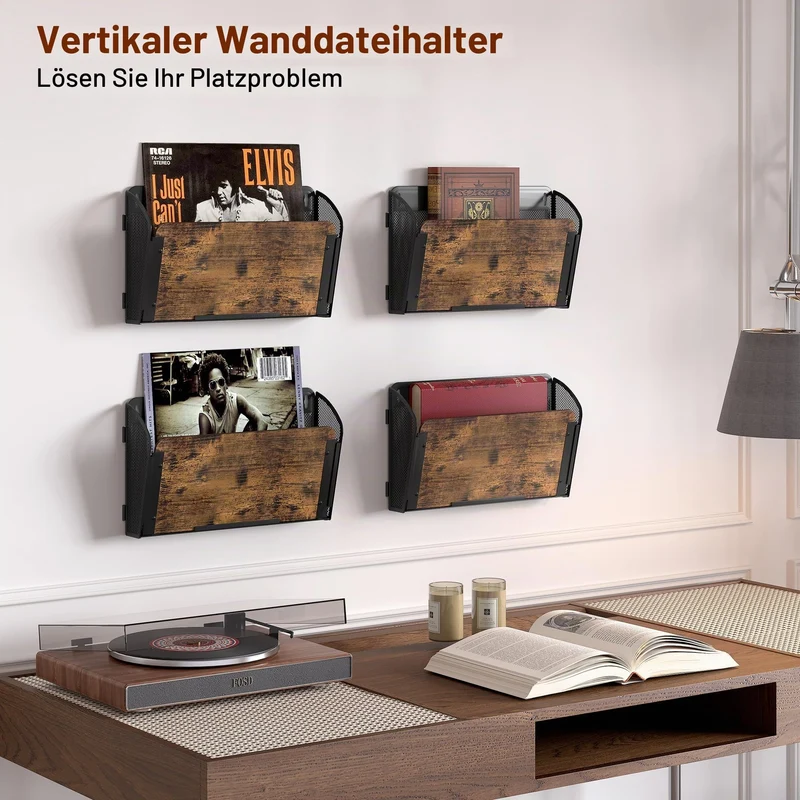 TQVAI 4 Taschen Zeitschriftenhalter Wand Metall Holz Dokumenten Organizer Papier A4 Flyerhalter Postsortierer Dokumentenablage für Büro Zuhause Schule, Schwarz/Antik