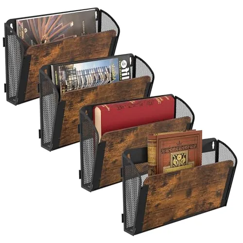 TQVAI 4 Taschen Zeitschriftenhalter Wand Metall Holz Dokumenten Organizer Papier A4 Flyerhalter Postsortierer Dokumentenablage für Büro Zuhause Schule, Schwarz/Antik