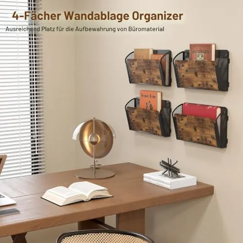 TQVAI 4 Taschen Zeitschriftenhalter Wand Metall Holz Dokumenten Organizer Papier A4 Flyerhalter Postsortierer Dokumentenablage für Büro Zuhause Schule, Schwarz/Antik