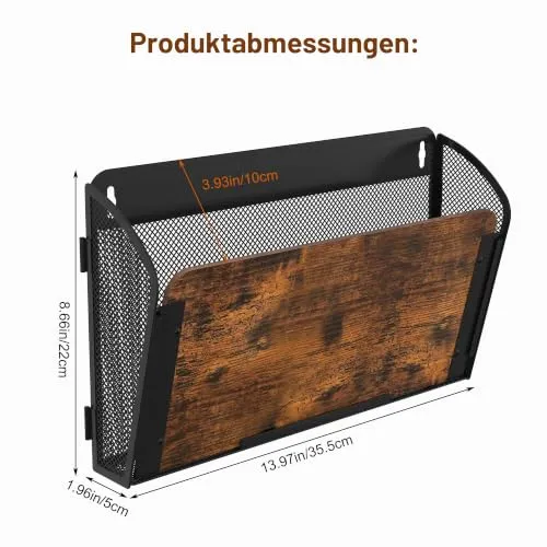 TQVAI 4 Taschen Zeitschriftenhalter Wand Metall Holz Dokumenten Organizer Papier A4 Flyerhalter Postsortierer Dokumentenablage für Büro Zuhause Schule, Schwarz/Antik
