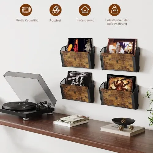 TQVAI 4 Taschen Zeitschriftenhalter Wand Metall Holz Dokumenten Organizer Papier A4 Flyerhalter Postsortierer Dokumentenablage für Büro Zuhause Schule, Schwarz/Antik