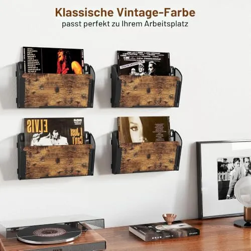 TQVAI 4 Taschen Zeitschriftenhalter Wand Metall Holz Dokumenten Organizer Papier A4 Flyerhalter Postsortierer Dokumentenablage für Büro Zuhause Schule, Schwarz/Antik