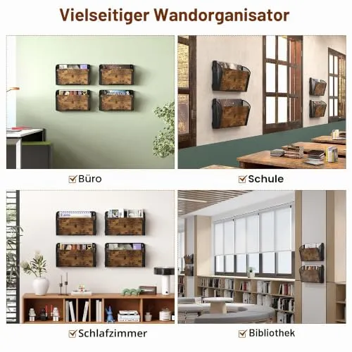 TQVAI 4 Taschen Zeitschriftenhalter Wand Metall Holz Dokumenten Organizer Papier A4 Flyerhalter Postsortierer Dokumentenablage für Büro Zuhause Schule, Schwarz/Antik