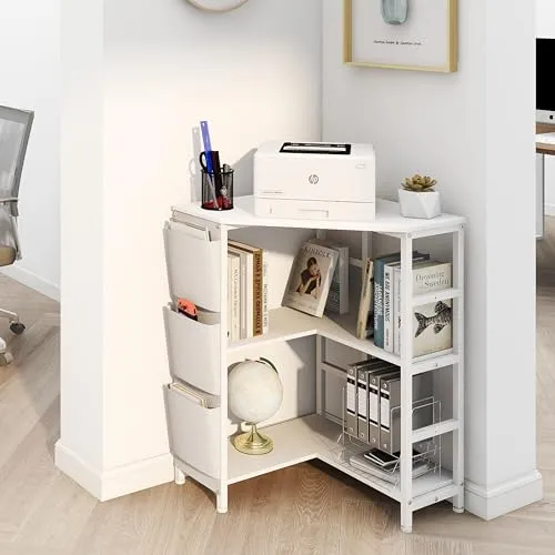 VEDECASA Weiß Druckertisch, Ecke Druckerständer 3-stöckiger, Druckertisch mit Ladestation,Druckerständer auf 2 Steckdosen und 2 USB Ports Seitentaschen verstellbaren Füßen CPU Ständer Halter für Büro