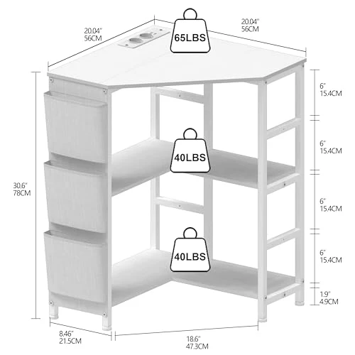 VEDECASA Weiß Druckertisch, Ecke Druckerständer 3-stöckiger, Druckertisch mit Ladestation,Druckerständer auf 2 Steckdosen und 2 USB Ports Seitentaschen verstellbaren Füßen CPU Ständer Halter für Büro