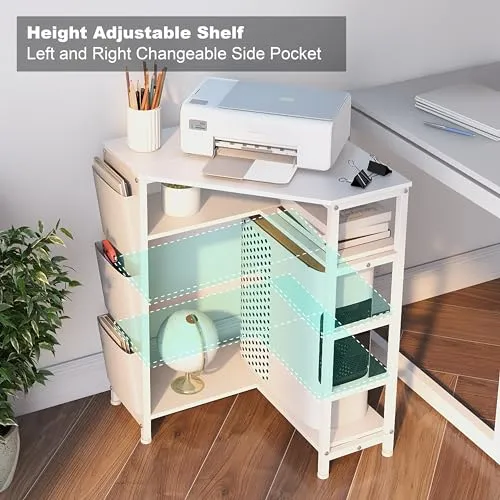 VEDECASA Weiß Druckertisch, Ecke Druckerständer 3-stöckiger, Druckertisch mit Ladestation,Druckerständer auf 2 Steckdosen und 2 USB Ports Seitentaschen verstellbaren Füßen CPU Ständer Halter für Büro