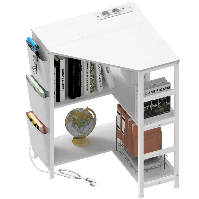 VEDECASA Weiß Druckertisch, Ecke Druckerständer 3-stöckiger, Druckertisch mit Ladestation,Druckerständer auf 2 Steckdosen und 2 USB Ports Seitentaschen verstellbaren Füßen CPU Ständer Halter für Büro