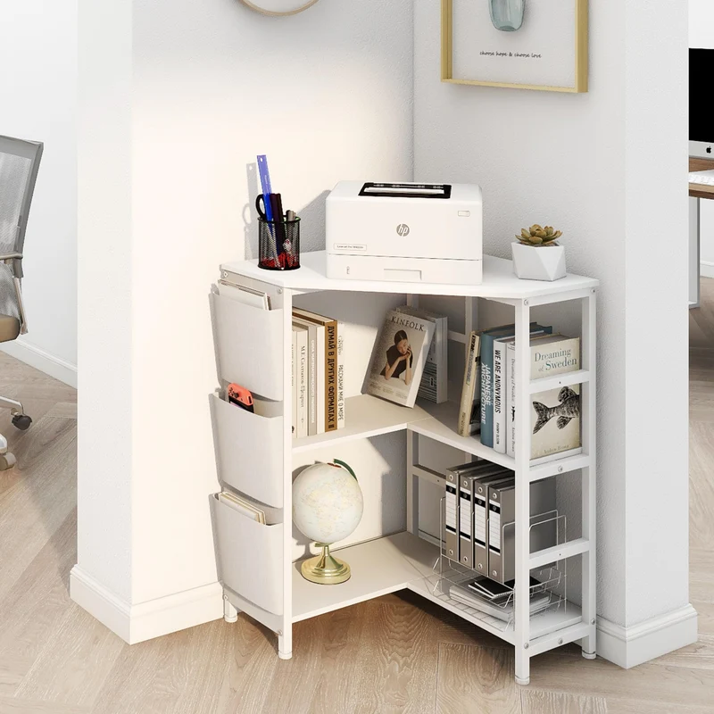 VEDECASA Weiß Druckertisch, Ecke Druckerständer 3-stöckiger, Druckertisch mit Ladestation,Druckerständer auf 2 Steckdosen und 2 USB Ports Seitentaschen verstellbaren Füßen CPU Ständer Halter für Büro