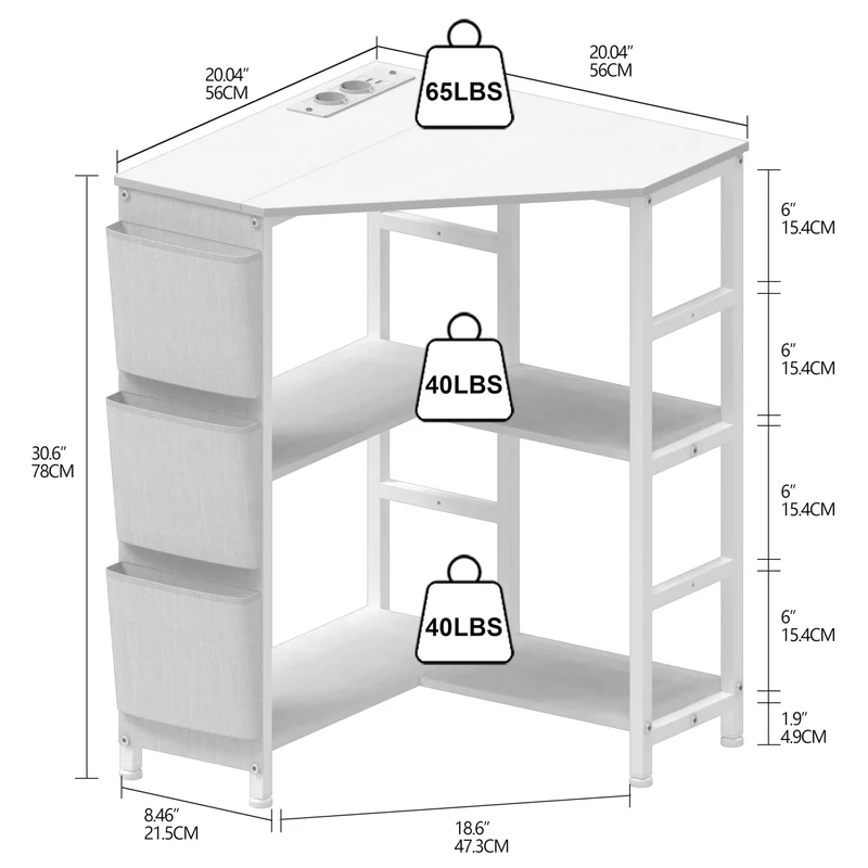 VEDECASA Weiß Druckertisch, Ecke Druckerständer 3-stöckiger, Druckertisch mit Ladestation,Druckerständer auf 2 Steckdosen und 2 USB Ports Seitentaschen verstellbaren Füßen CPU Ständer Halter für Büro