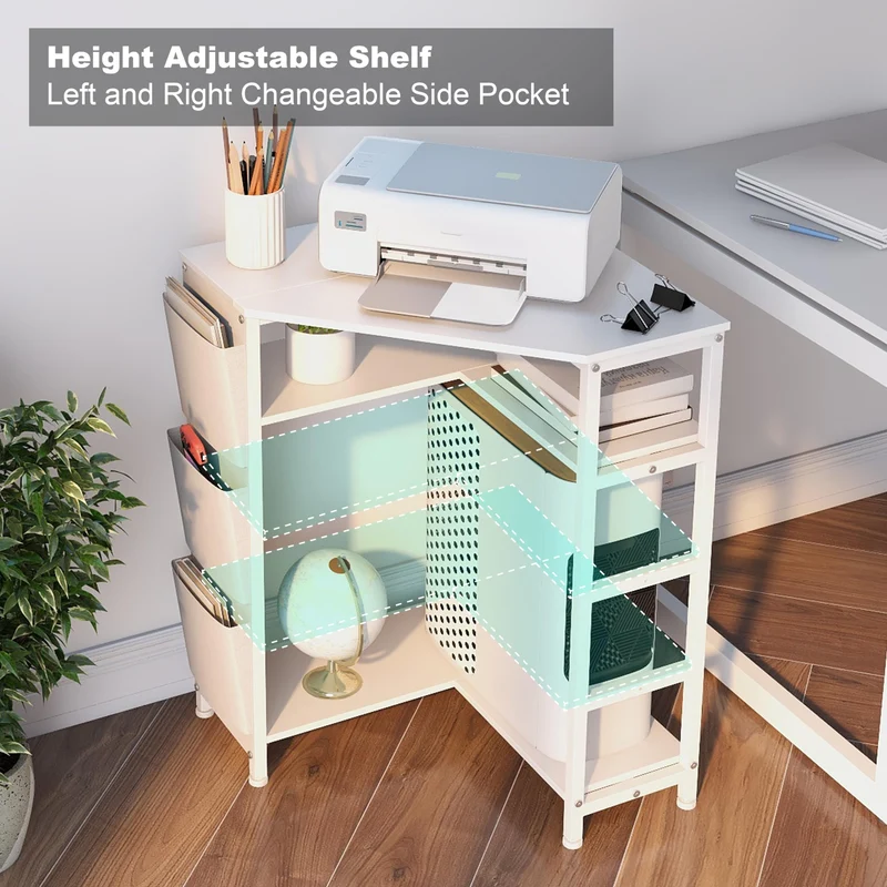 VEDECASA Weiß Druckertisch, Ecke Druckerständer 3-stöckiger, Druckertisch mit Ladestation,Druckerständer auf 2 Steckdosen und 2 USB Ports Seitentaschen verstellbaren Füßen CPU Ständer Halter für Büro