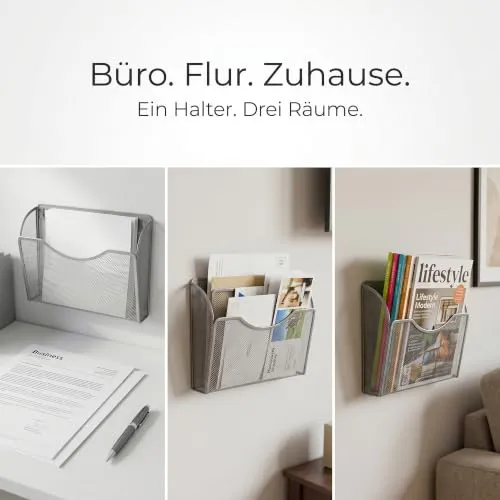 2 Stück Wandmontierter Zeitschriftenhalter, Metall Silber 34,3 x 21,3 x 10,5 cm, Zeitschriften Wandhalter mit Schraube Ausdehnungsrohre, A4 Dokumentenhalter Wand für Büro Zuhause