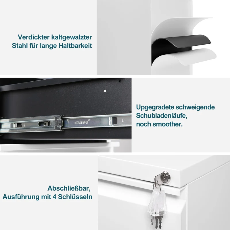 Rollcontainer, Aktenschrank abschließbar, 4 Schubladen, Weiß
