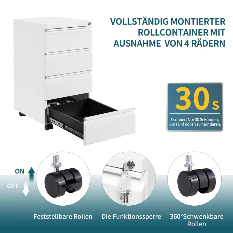 Rollcontainer, Aktenschrank abschließbar, 4 Schubladen, Weiß
