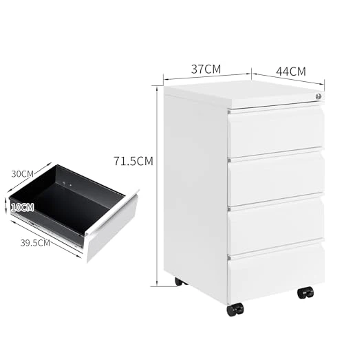 Rollcontainer, Aktenschrank abschließbar, 4 Schubladen, Weiß