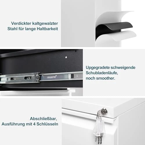 Rollcontainer, Aktenschrank abschließbar, 4 Schubladen, Weiß