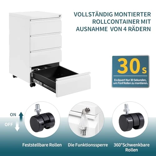 Rollcontainer, Aktenschrank abschließbar, 4 Schubladen, Weiß