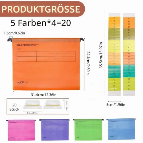 20 Stück A4 Hängeregister,Polypropylen für Hängemappen mit Tabs und Einsätzen,A4 Hängehefter,Hängeregister Mappen für Büro Schule Schreibtisch Arbeit