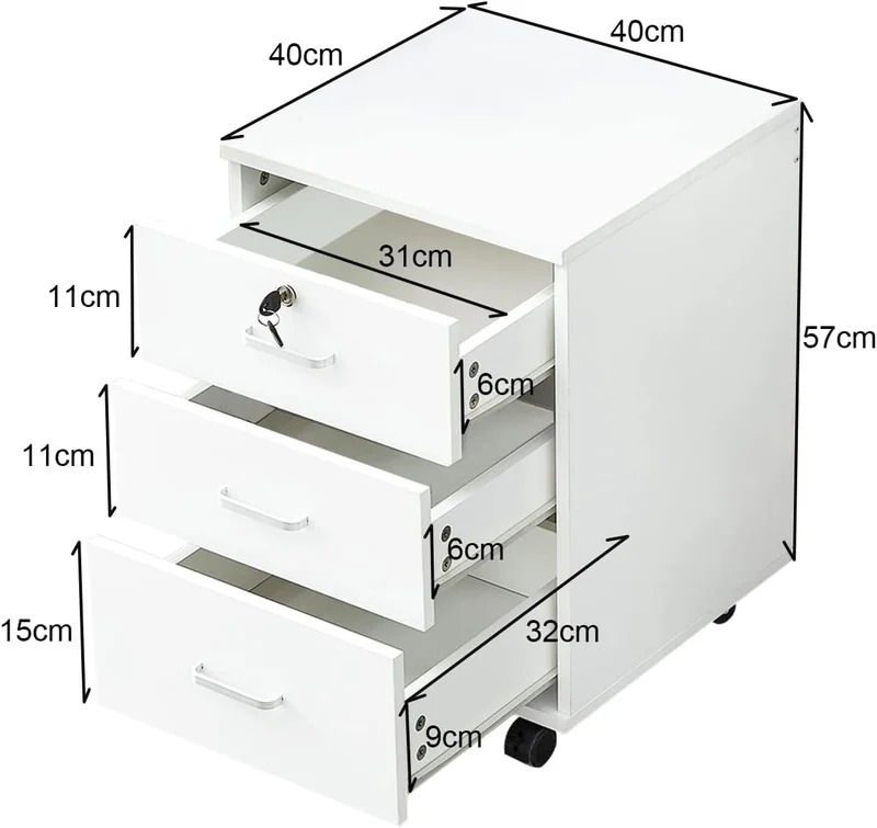 TUKAILAI Rollcontainer Abschließbar mit 3 Schubladen, Aktenschrank, Weiß