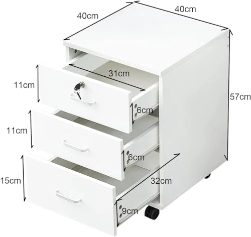 TUKAILAI Rollcontainer Abschließbar mit 3 Schubladen, Aktenschrank, Weiß