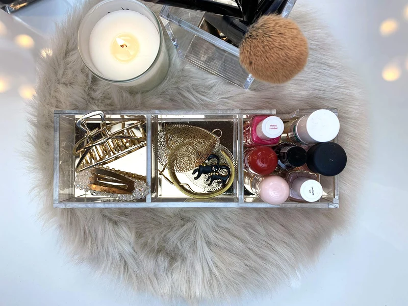 Schreibtisch Organizer Acryl Transparent mit Gold – 3 Fächer Ablage für Notizen, Büro & Kosmetik – moderner Desk Organizer