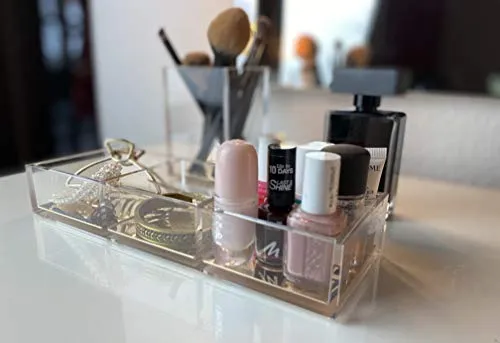 Schreibtisch Organizer Acryl Transparent mit Gold – 3 Fächer Ablage für Notizen, Büro & Kosmetik – moderner Desk Organizer