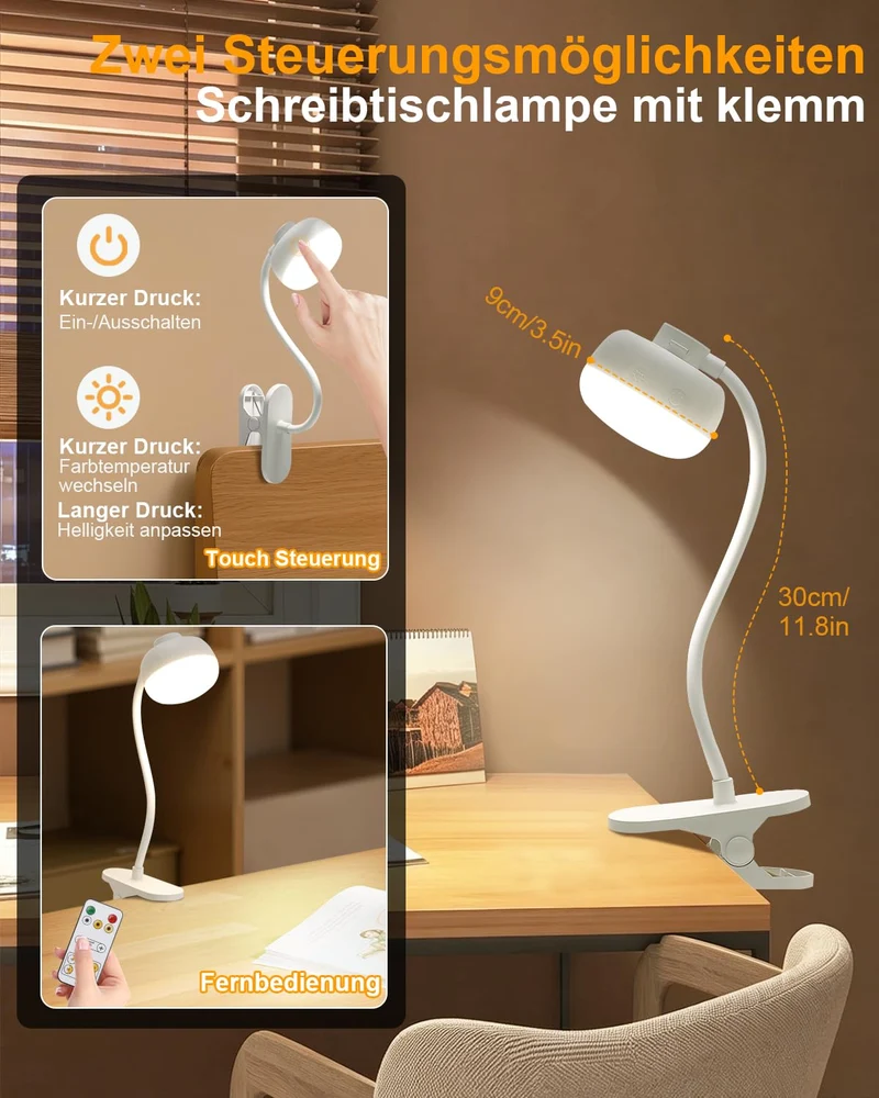 Leselampe Bett, 5000mAh Klemmlampe mit USB-C, 3 Farben Stufenlos Dimmbar, 36 LED Akku Lampe, 30cm Flexibler Schwanenhals, Schreibtischlampe für Kinderzimmer Schreibtisch Wohnmobil (Weiß)