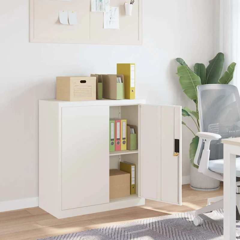 Aktenschrank Weiß aus pulverbeschichtetem Stahl 79x40x90 cm mit Regal und abschließbarer Tür für Büro, Arbeitszimmer, Homeoffice, Verwaltung, Buchhaltung