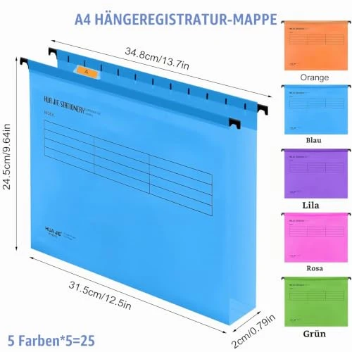 A4 Hängemappen, 25 Stück Polypropylen Hängemappen mit Reitern, Karteneinsätzen und löschbaren Stift, A4 Hängeregister Mappen Aufbewahrung Aktenordner für Schule Zuhause Arbeit Büro Organisation