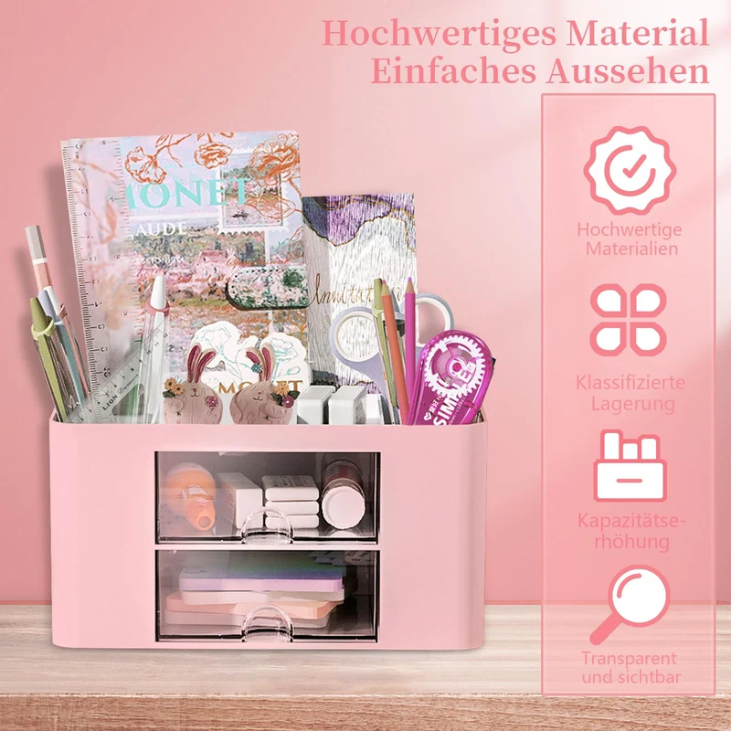 Schreibtisch Organizer 7 Fächer Stiftehalter Schreibtisch Tisch Büro Organizer mit Schublade Multifunktionaler Schreibtisch Organizer für Büro Zuhause Schule Platzsparendes Desk Organizer (Rosa)