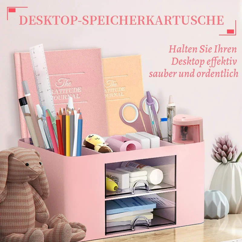 Schreibtisch Organizer 7 Fächer Stiftehalter Schreibtisch Tisch Büro Organizer mit Schublade Multifunktionaler Schreibtisch Organizer für Büro Zuhause Schule Platzsparendes Desk Organizer (Rosa)