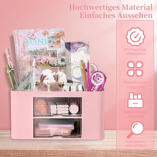 Schreibtisch Organizer 7 Fächer Stiftehalter Schreibtisch Tisch Büro Organizer mit Schublade Multifunktionaler Schreibtisch Organizer für Büro Zuhause Schule Platzsparendes Desk Organizer (Rosa)