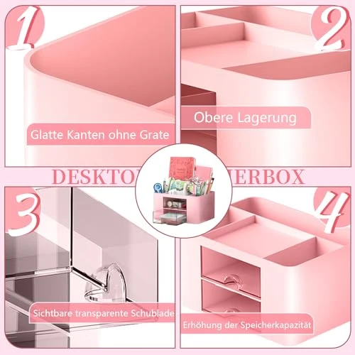 Schreibtisch Organizer 7 Fächer Stiftehalter Schreibtisch Tisch Büro Organizer mit Schublade Multifunktionaler Schreibtisch Organizer für Büro Zuhause Schule Platzsparendes Desk Organizer (Rosa)