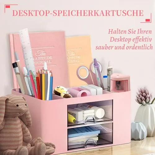 Schreibtisch Organizer 7 Fächer Stiftehalter Schreibtisch Tisch Büro Organizer mit Schublade Multifunktionaler Schreibtisch Organizer für Büro Zuhause Schule Platzsparendes Desk Organizer (Rosa)