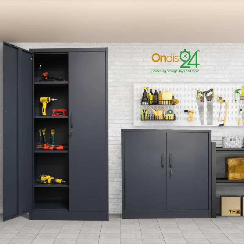Ondis24 Aktenschrank, Mehrzweckschrank, Schloss, verstellbare Ablagen, Stabil, belastbar, Doppeltüren mit Türmagnet und Griffen Robust, werkzeugschrank, Büro, Werkstatt, Garage (Anthrazit, 170)