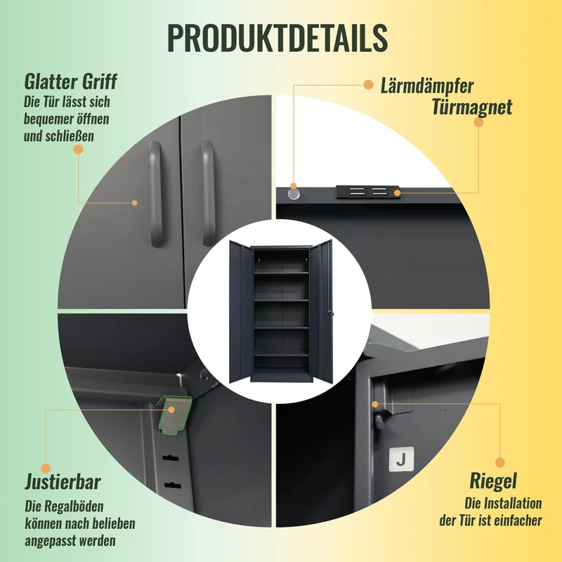 Ondis24 Aktenschrank, Mehrzweckschrank, Schloss, verstellbare Ablagen, Stabil, belastbar, Doppeltüren mit Türmagnet und Griffen Robust, werkzeugschrank, Büro, Werkstatt, Garage (Anthrazit, 170)