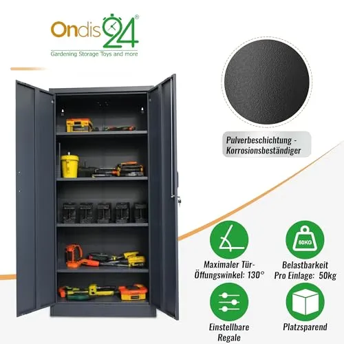 Ondis24 Aktenschrank, Mehrzweckschrank, Schloss, verstellbare Ablagen, Stabil, belastbar, Doppeltüren mit Türmagnet und Griffen Robust, werkzeugschrank, Büro, Werkstatt, Garage (Anthrazit, 170)