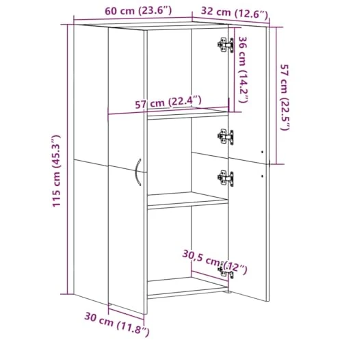 Aktenschrank Weiß Holzwerkstoff 60x32x115 cm mit Zwei Türen, Büroschrank für Archivierung und Ordnung, abschließbar, vielseitig für Büro, Arbeitszimmer und Homeoffice geeignet