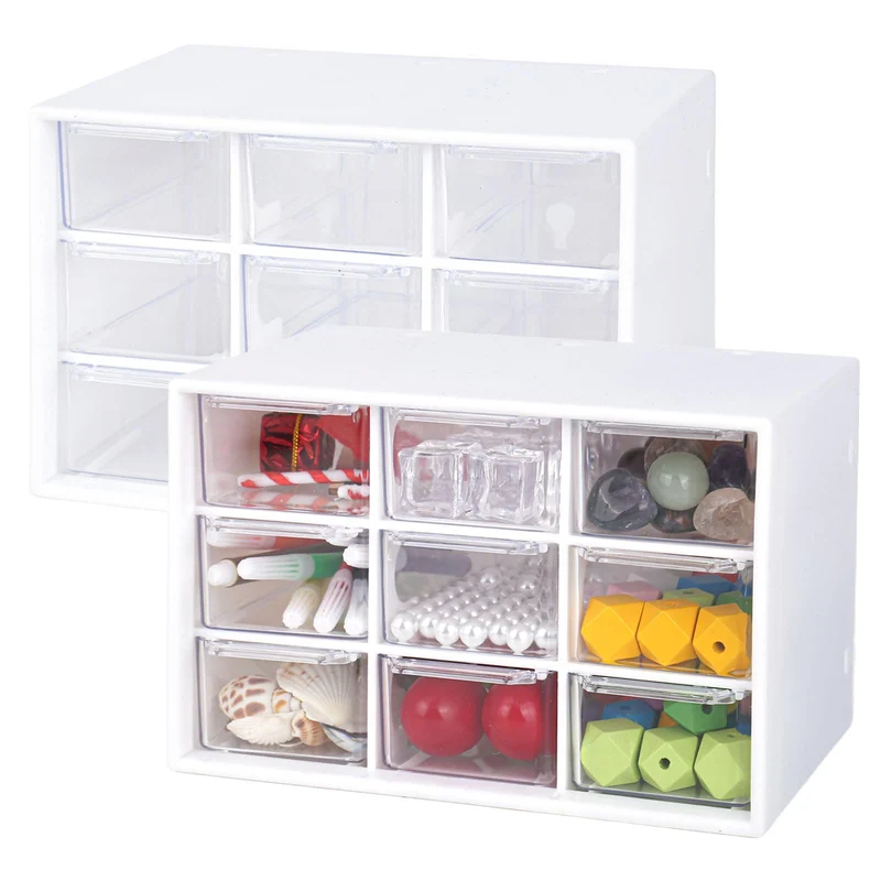 2er-Pack Bastelbox Aufbewahrung Schublade Sortierkasten Desktop Schublade Organizer Mit 9 Schubladen Mini Herausnehmbarer Durchsichtige & Weiße Schubladenbox Für Bürobedarf & Zubehör