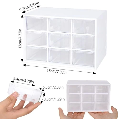 2er-Pack Bastelbox Aufbewahrung Schublade Sortierkasten Desktop Schublade Organizer Mit 9 Schubladen Mini Herausnehmbarer Durchsichtige & Weiße Schubladenbox Für Bürobedarf & Zubehör